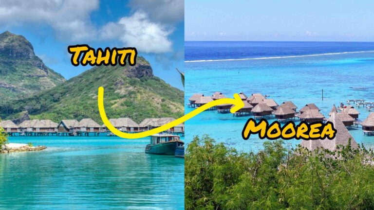 Tahiti to Moorea with mountains and overwater bungalows