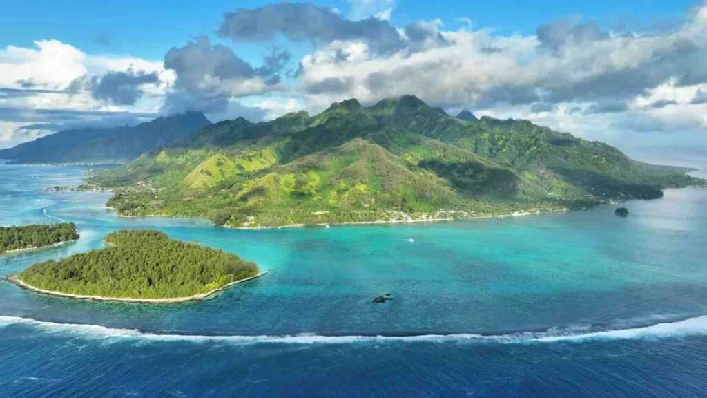 Aerial view of east side of Moorea with Motu Tiahura and Motu Fareone