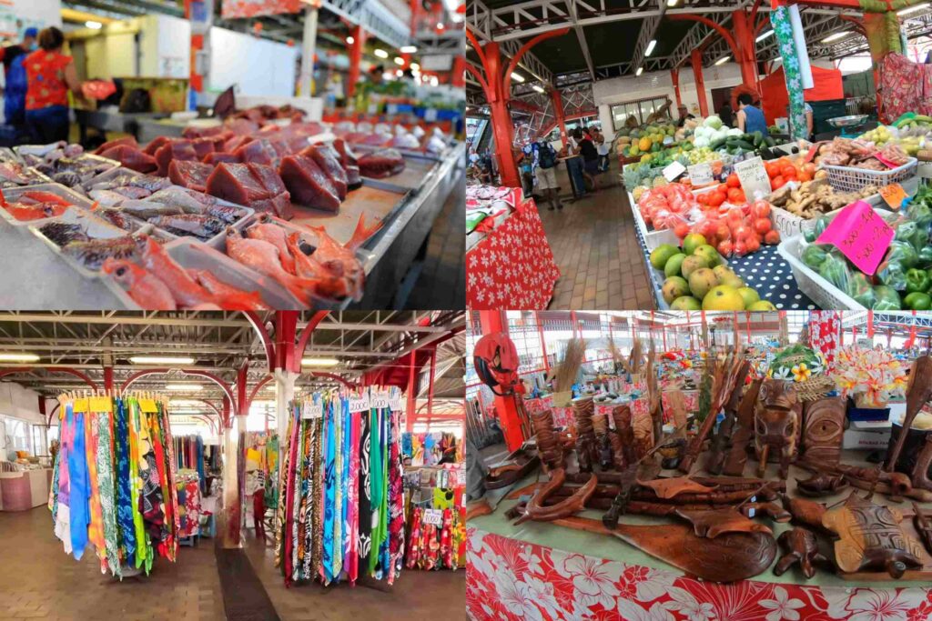 fruits, vegetables, clothings and crafts stalls in papeete market