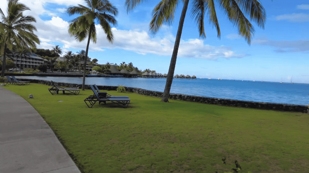 InterContinental Resort Tahiti lagoon view with overwater bungalows at distant